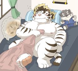 2020 anthro balls bed bedding belly blanket blush clothing detailed_background erection erection_under_clothing felid fur furniture genitals hon55728 kemono licho_(tokyo_afterschool_summoners) male male_only mammal moobs moritaka nipples overweight overweight_male pantherine pillow plushie solo tiger tired tokyo_afterschool_summoners video_games white_body white_fur