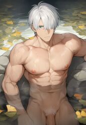 1boy ai_generated ai_golden_map ginko green_eyes male_focus male_only mushishi nude penis silver_hair solo tagme