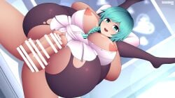 1boy 1girls :d aqua_eyes aqua_hair arms_behind_head ass between_breasts blue_eyes blue_hair braid braided_ponytail breasts breasts_out censored cleavage commission female female_focus full_nelson fuuka_yamagishi hair_over_shoulder heart huge_breasts indoors large_ass leg_grab legs legs_up long_hair long_sleeves looking_at_viewer lumarianne20 male nipples open_clothes open_mouth open_shirt pantyhose penis persona persona_3 pussy sex shirt side_ponytail smile solo_focus spread_legs testicles torn_clothes vaginal_penetration window yamagishi_fuuka