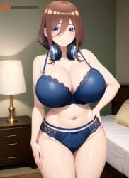 1girls 2024 ai_generated bedroom big_breasts blue_bra blue_eyes blue_panties bra breasts brown_hair chubby curvaceous curvy curvy_figure detailed eyelashes female female_only go-toubun_no_hanayome hand_on_hips headphones headphones_around_neck hi_res highres illumaru large_breasts lingerie long_hair mostly_nude nakano_miku navel panties plump simple_background slightly_chubby solo stable_diffusion standing stomach thick_thighs thighs underwear white_background