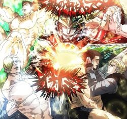 3chi abs ao_isami bang_brave_bang_bravern bara bare_pectorals black_hair blonde_hair bravern hands_on_another's_face holding_hands large_pectorals lewis_smith male_focus male_nipples male_only masculine mecha military military_uniform msiacnhi multiple_males muscles muscular muscular_male naked naked_male nipples pecs pectorals robot sideburns super_robot sweat thick_eyebrows topless_male underwear yuuki_bakuhatsu_bang_bravern