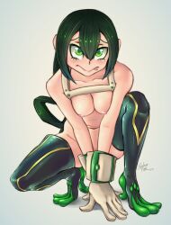 2021 blush breasts female female_focus female_only gloves green_eyes green_hair long_hair my_hero_academia nipples splicerfink thick_thighs thighhigh_boots thighs tied_hair tongue tongue_out tsuyu_asui white_background