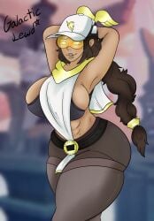 big_breasts big_butt brawlhalla galacticlewd grey_legwear hands_behind_head hat huge_breasts leggings long_hair ponytail scarf slim_waist sports_bra tan_skin thea_(brawlhalla) thick_ass thick_legs thick_lips thick_thighs tinted_eyewear visor visor_(eyewear) visor_glasses yellow-tinted_eyewear