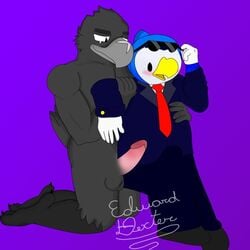 anthro avian balls barefoot beak bird black_eyes black_feathers blue_feathers claws clothed corvid crow crow_(brawl_stars) edward_dexter feathers furry furry_only gay genitals humanoid_penis kneeling looking_at_partner looking_down male male_only muscular no_humans nude_male penguin penis purple_background tie tuxedo white_feathers yaoi