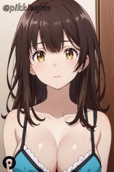 ai_generated bangs bare_shoulders blue_bra bra breasts brown_eyes brown_hair cleavage closed_mouth collarbone female hige_wo_soru._soshite_joshikousei_wo_hirou. large_breasts long_hair looking_at_viewer ogiwara_sayu pikkiwynn solo underwear upper_body yellow_eyes