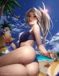 akali ass beach beverage big_ass blue_eyes breasts bubble_butt clover7 female grey_hair league_of_legends letsbe looking_at_viewer medium_breasts pool riot_games true_damage_akali true_damage_series