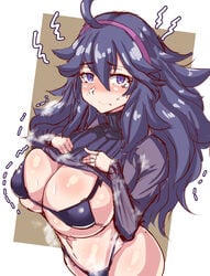 1girls ahoge alternate_breast_size alternate_outfit bikini bikini_under_clothes blush cleavage clothed embarrassed eye_contact heavy_breathing hex_maniac huge_breasts human long_hair looking_at_viewer messy_hair motion_lines nintendo pokemon pokemon_xy purple_eyes purple_hair rururu82010664 shirt_lift shy sideboob smell solo sweat tears thick_thighs trembling underboob wide_hips