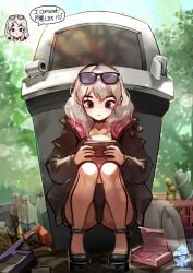 blonde_hair cnc consent_sticker explicitly_stated_consent high_heels original_character phone squatting sunglasses sunglasses_on_head trash_can yeougui