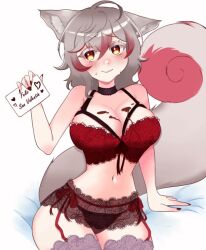 1girls animal_ears animal_tail big_breasts black_nails blush bra chocolate chocolate_on_breasts cleavage cuchu_nemurin embarrassed female female_focus female_only fox_ears fox_girl fox_tail front_view grey_hair hispanic_virtual_youtuber holding_card holding_object latam_virtual_youtuber light-skinned_female light_skin lingerie lowres short_hair simple_background sitting smiling solo solo_female spanish_text thighhighs thong two_tone_hair valentine's_day virtual_youtuber vtuber vtuberfanart white_background yanderelive yellow_eyes