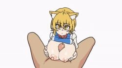 1boy 1girls animal_ears animated blonde_hair bouncing_breasts breast_grab chanta_(ayatakaoisii) eye_contact fox_ears fox_humanoid huge_breasts male_pov paizuri pov ran_yakumo shirt_lift touhou