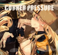 1boy 1girls areolae aseiusx belt belt_buckle blonde_hair blowjob blue_eyes breasts breasts_out caressing_testicles clothed_female clothed_male clothed_sex fellatio guilty_gear guilty_gear_strive hair_bondage hat long_hair long_sleeves millia_rage nipples open_shirt penis saliva_trail testicle_grab upper_body zato-1