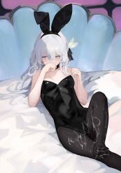absurdres animal_ears bed black_hairband black_leotard black_ribbon bunny_ears bunnysuit chinese_commentary commentary_request covering_own_mouth cum cum_on_legs fake_animal_ears female firefly_(honkai:_star_rail) fishnet_pantyhose fishnets hair_ribbon hairband hands_up highres honkai:_star_rail honkai_(series) leotard looking_to_the_side lying on_back pantomime pantyhose playboy_bunny rabbit_ears ribbon shell solo variant_set white_hair