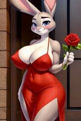 ai_generated anthro blush disney female female_only frosting.ai high_slit_dress judy_hopps nipple_bulge rose rose_(flower) self_upload thighs weedvee420 zootopia