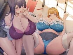 2girls big_ass big_breasts blonde_hair busty curvy fellatio_gesture happy happy_female hi_res highres lingerie multiple_girls romance school_uniform schoolgirl tagme thick_thighs thighs