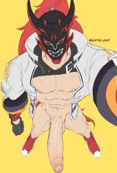 arena_of_valor balls bara big_penis boner erection hayate_(arena_of_valor) jacket male male_only mask muscles muscular pantsless penis portal_opst solo solo_male