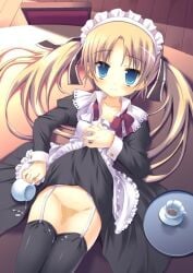 2000s_(style) apron aqua_eyes black_bow black_dress black_thighhighs blonde_hair bow bowtie character_request closed_mouth clothes_lift collarbone copyright_request cum cum_on_clothes cup dress dress_lift female frilled_apron frills garter_straps hairbow hand_on_own_chest holding holding_cup long_hair looking_at_viewer lying maid maid_headdress meito_(maze) on_back red_bow red_bowtie smile solo tea teacup thighhighs tray twintails very_long_hair white_apron