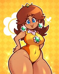 1girls bimbo blue_eyes breasts brown_hair curvy earrings female female_only freckles hand_on_hip hyper_thighs legendofnerd leotard mario_(series) mario_and_sonic_at_the_olympic_games massive_thighs nintendo one-piece_swimsuit princess_daisy simple_background solo solo_female standing swimsuit tan-skinned_female tan_skin thick_thighs thighs thunder_thighs voluptuous voluptuous_female wide_hips