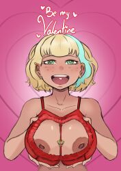 1girls areolae bangs big_breasts blonde_hair breasts brown_skin disney disney_channel disney_xd ear_piercing ecchipoo female female_only freckles green_eyes heart-shaped_pupils jackie_lynn_thomas large_breasts looking_at_viewer nipples open_mouth short_hair simple_background solo star_vs_the_forces_of_evil tan-skinned_female valentine's_day white_female