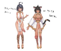 2futas animal_ears balls big_penis blurred_penis breasts cat_ears cat_tail catgirl censored clothed clothing dark_skin duo erection full_body furry futa_only futanari haoko-san huge_cock human humanoid_penis japanese_text kemonomimi light_skin mosaic_censoring mostly_nude penis smooth_balls standing text translation_request white_background