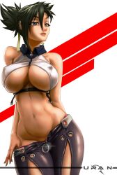 1girls artist_name bakuretsu_tenshi big_breasts black_hair breasts busty clothes_pull curvy denim grey_eyes highres jeans large_breasts legs midriff navel panties pants pants_pull panty_pull ponytail pulled_by_self red_lips seductive_smile sei_(bakuretsu_tenshi) sensual smile solo thick_thighs thighs thong toned unbuttoned_pants underboob underwear unzipped wide_hips