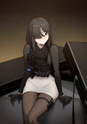 belly big_ass black_hair blue_eyes blush embarrassed embarrassed_female female gloves gogalking hair_over_one_eye insact long_hair long_sleeves miniskirt oc original_character pantyhose shy sitting skirt slim_waist tactical_gear teenager thick_thighs wide_hips