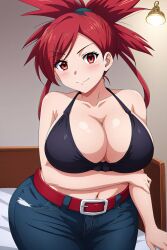 1girl 1girls ai_generated belt big_breasts black_bra blue_jeans blush bra buckle busty cleavage creatures_(company) crop_top curvy female female_focus female_only flannery_(pokemon) front_view game_freak hi_res highres human jeans navel nintendo pokemon pokemon_(game) pokemon_rse pokemon_trainer red_belt red_eyes red_hair seraphim_ai smile solo stable_diffusion tight_jeans