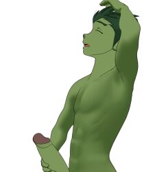 armpits arms_up beast_boy beast_boy_(teen_titans) boner dc erection gay green green_body green_eyes green_hair green_skin jacking_off male_only masturbation milkychiro nude solo solo_male yaoi