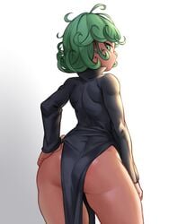 1girls arm_at_side ass bare_legs big_ass black_dress bottomless butt curly_hair dress female green_eyes green_hair hand_on_hip highleg highres kelvin_hiu looking_at_viewer looking_back no_panties one-punch_man pelvic_curtain short_hair solo tatsumaki thick_thighs toned white_background wide_hips