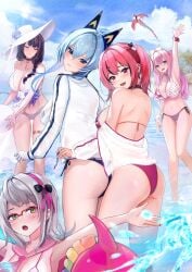 5girls ass beach bikini blue_eyes blue_hair blush brown_hair cleavage clenched_teeth closed_eyes goddess_of_victory:_nikke green_eyes grey_hair hair_between_eyes helm_(aquamarine)_(nikke) helm_(nikke) large_breasts mary_(bay_goddess)_(nikke) mary_(nikke) mast_(a_pirate's_heart)_(nikke) mast_(nikke) neon_(blue_ocean)_(nikke) neon_(nikke) ocean oerba_yun_fang open_mouth pepper_(nikke) pepper_(ocean_vitamin)_(nikke) pink_eyes pink_hair red_eyes red_hair sideboob upper_teeth