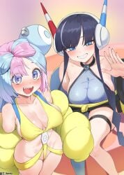 2girls ass black_hair blue_eyes breasts dialogue elesa_(pokemon) elesa_(pokemon_bw2) female gym_leader huge_breasts iono_(pokemon) jtveemo light-skinned_female light_skin long_hair medium_breasts multiple_girls nintendo pink_eyes pink_hair pokemon pokemon_bw2 pokemon_sv sharp_teeth trait_connection twintails two_tone_hair