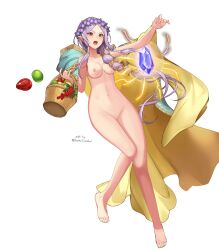 1girls alternate_costume alternate_hairstyle armpits attack bare_arms bare_legs bare_shoulders barefoot basket bettercommsoul braided_ponytail breasts cape collarbone completely_nude edit edited_official_artwork female female_only fire_emblem fire_emblem:_the_binding_blade fire_emblem_heroes flower fruit full_body green_eyes hair_flower hair_over_shoulder head_wreath heterochromia idunn_(fire_emblem) idunn_(spring)_(fire_emblem) legs long_hair magic medium_breasts naked_cape nintendo nipples nude nude_female nude_filter official_alternate_costume official_alternate_hairstyle open_mouth pointy_ears ponytail purple_hair pussy red_eyes shoulders solo stone very_long_hair weapon white_background