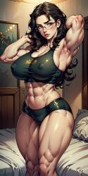 abs ai_generated big_penis black_hair glasses green_eyes huge_breasts massive_breasts muscular_arms muscular_female muscular_thighs parahumans procyon_ai sports_bra sportswear taylor_hebert thick_lips thick_thighs wide_hips