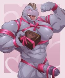 <3_eyes absurd_res anthro balls big_pecs blush blush_lines bodily_fluids bondage bound bow_ribbon box_of_chocolates candy chocolate dessert erection flexing food game_freak generation_1_pokemon genitals heart hi_res holidays machoke maldu male male_only muscular muscular_male nintendo nude nude_male pecs penis pokemon pokemon_(species) ribbon_bondage ribbons solo sweat sweatdrop valentine's_day vein veiny_penis