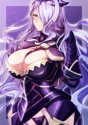 1girls absurdres armor bare_thighs black_panties breasts camilla_(fire_emblem) cleavage closed_mouth cowboy_shot female female female_only fire_emblem fire_emblem_fates gloves hair_over_one_eye highres huge_breasts inner_thighs long_bangs long_hair looking_at_viewer nintendo panties purple_background purple_eyes purple_hair smile solo thighs to_(tototo_tk) underwear very_long_hair