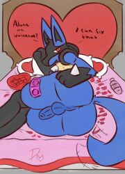 anthro balls bed canid canine condom dangermons fur furniture generation_4_pokemon genitals heart hi_res holidays inviting lucario male male_only mammal nintendo nude penis petals pillow pokemon pokemon_(species) sexual_barrier_device solo text valentine's_day