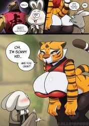 anthro anthro_on_anthro big_ass big_cleavage big_penis bubble_butt bulge bulge_through_clothing butt_crack cleavage cock_bulge duo erection erection_under_clothes female huge_breasts huge_cock kung_fu_panda lollipopcon male male_anthro master_tigress penis_bulge precum_through_clothing rabbit small_but_hung tiger young