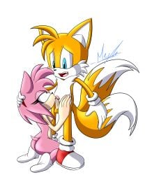 absurd_res age_difference amy_rose anthro canid canine duo eulipotyphlan exposed_torso fellatio female footwear fox genitals handwear hedgehog hi_res kissing male male/female mammal meyk older_female oral penile penis penis_kissing sega sex small_breasts sonic_(series) sonic_the_hedgehog_(series) tails younger_male