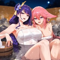 2girls ai_generated bathing breasts female female_only fox_ears fox_girl genshin_impact large_breasts looking_at_viewer naked_towel nude onsen partially_submerged pink_hair purple_eyes purple_hair raiden_shogun towel truckkunart yae_miko