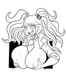 1boy 1girls blonde_hair boobjob crazy_eyes danganronpa drillslewds gyaru huge_breasts junko_enoshima monochrome naughty_face paizuri seductive seductive_smile smile straight twintails