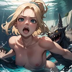 ai_generated being_chased blonde_female blonde_hair blonde_hair blonde_hair_female blue_eyes breasts dazer imminent_death imminent_vore monster nipples nude nude_female open_mouth peril predator predator/prey scrunchie swimming tagme underwater