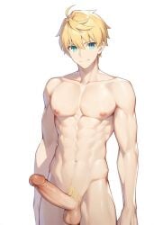 1boy abs ai_generated ai_golden_map arthur_pendragon_(fate) blonde_hair blue_eyes fate_(series) male_focus male_only nude penis solo