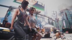 2girls 3d beeg3d car cd_projekt_red clothed cyberpunk_2077 green_hair judy_alvarez lesbian light-skinned_female purple_hair smoking tattoo tattoos v_(cyberpunk_2077) valerie_(cyberpunk_2077) yuri