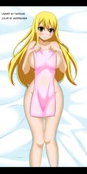 anderson93 blonde_hair fairy_tail female female_only hand_tattoo hazel_eyes large_breasts long_hair lucy_heartfilia lying_on_bed solo takeshi61_(artist) tattoo towel towel_only wide_hips