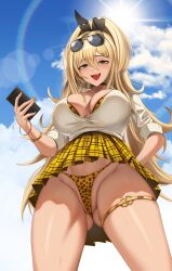 1girls absurd_res ass_visible_through_thighs bikini blonde_hair blush bracelet breasts cellphone choker cleavage cloud cowboy_shot cute_fang epko female goddess_of_victory:_nikke green_eyes gyaru hair_between_eyes hair_ornament holding_object large_breasts leopard_print long_hair looking_at_viewer low-angle_view nail_polish oerba_yun_fang open_mouth panties pleated_skirt ponytail rupee_(nikke) sidelocks skirt sky smile solo sun sunglasses sunglasses_on_head sunlight thigh_strap thighs unbuttoned upskirt white_shirt yellow_bikini yellow_skirt