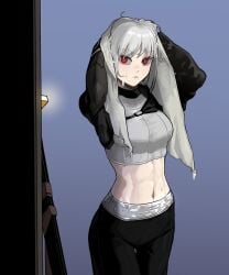 after_workout belly_button drying drying_hair gogalking insact leggings long_hair long_sleeves looking_at_viewer red_eyes six_pack slim_waist teenager towel vampire_(gogalking) white_hair