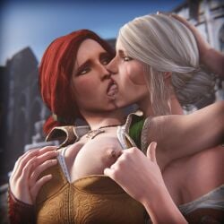 2girls breasts breasts_out ciri clothing female kissing light-skinned_female nipples red_hair saliva scar the_witcher_(series) the_witcher_3:_wild_hunt tongue_kiss triss_merigold white_hair yuri zynotheum