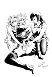 1boy 2girls aerith_gainsborough arms_behind_back black_and_white bondage cloud_strife crossdressing crossplay edging erection female femdom final_fantasy final_fantasy_vii gag group handjob male malesub monochrome multiple_doms multiple_girls nier:_automata penis rope straight tifa_lockhart zefram zeframmann