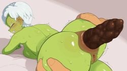 1boy 1girls alien_girl ass ass ass_focus ass_grab big_ass big_breasts big_butt blush blush breasts_squeezed_together cheelai clenched_teeth constipation dragon_ball dragon_ball_super eyess_closed female female_focus green_skin green_skinned_female gritted_teeth huge_turd kids_gamera scat scat shit shit shitting straining sweat sweatdrop sweating trembling turd turd_hanging_out uncensored uncensored_vagina unseen_character unseen_male white_hair