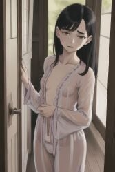 1girls ai_generated bare_chest black_hair braless brown_eyes collarbone dead_eyes female flat_chest looking_at_viewer night_gown nightwear panties pyjamas sad seductive see-through see-through_clothing small_breasts stable_diffusion