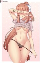 2d arm_over_head aroused artist_name bare_legs bare_thighs belly_button big_breasts bow bow_panties brown_hair doki_doki_literature_club female female_only hair_ornament hair_ribbon light-skinned_female light_skin long_hair monika_(doki_doki_literature_club) pale-skinned_female pale_skin panties panties_aside panties_down panties_removed raionart shirt_lift shirt_only shirt_up slim_waist solo teenager thick_thighs tied_hair tongue tongue_out underboob v_sign watermark wide_hips writing_on_body